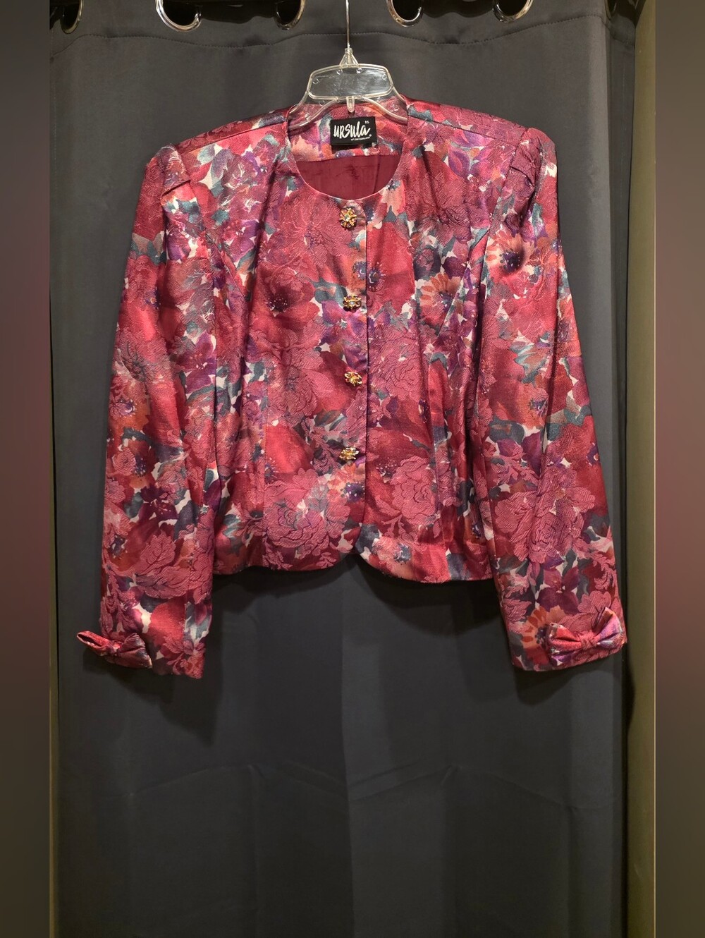 Vintage Ursula Of Switzerland Pink Floral Jacquard Blazer Jacket Jeweled Buttons
